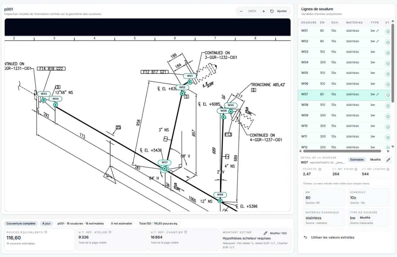 Weld quantities calculated for diameter-inches and labor units