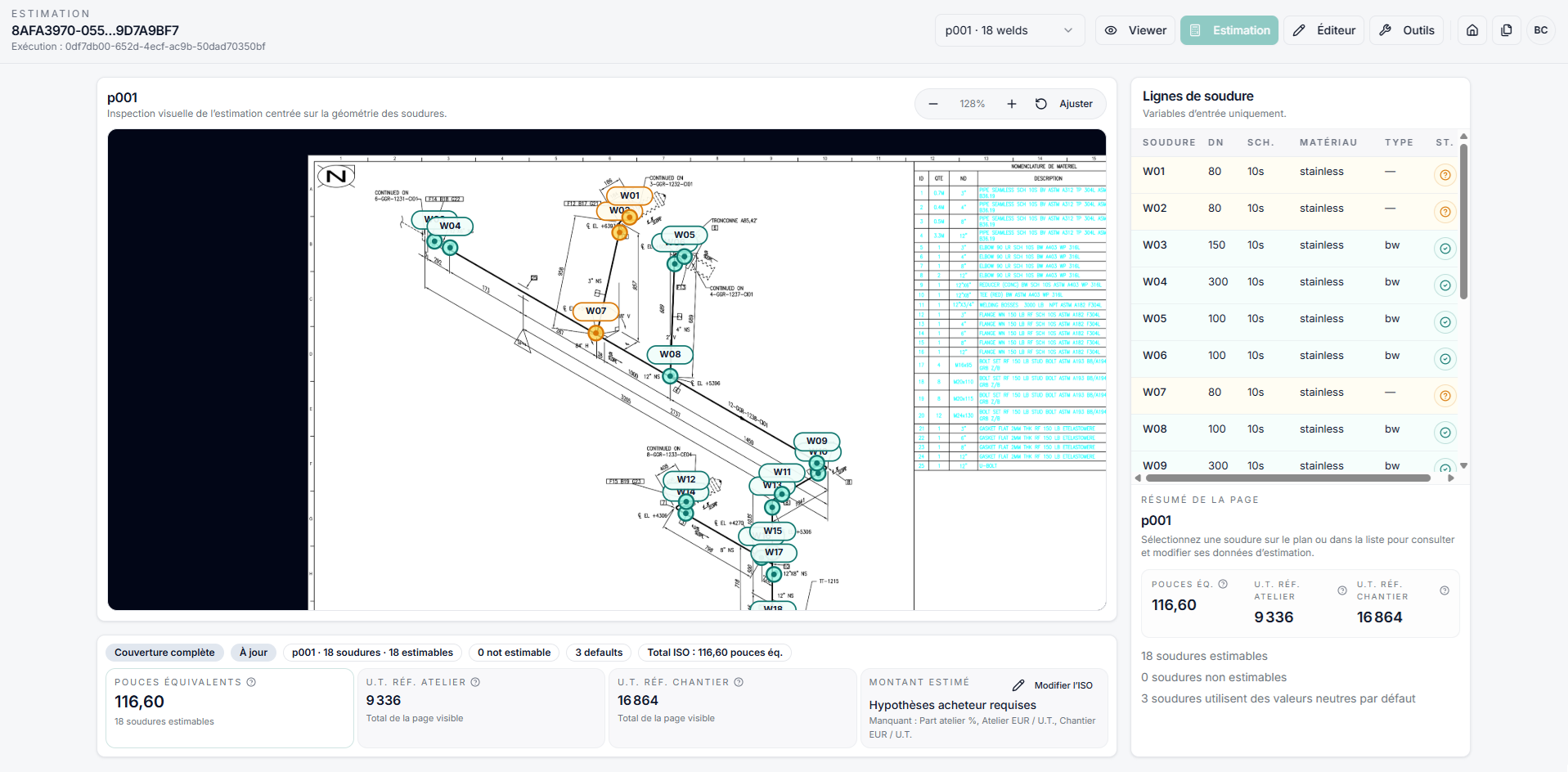 Vue d’estimation PipeVision avec pouces équivalents et unités de travail atelier et chantier