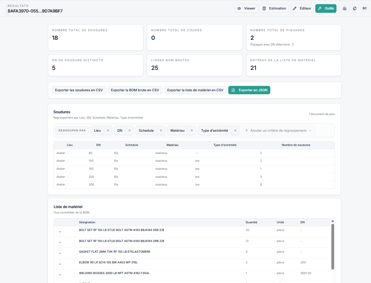 Résultats PipeVision regroupés avec actions d’export CSV et JSON